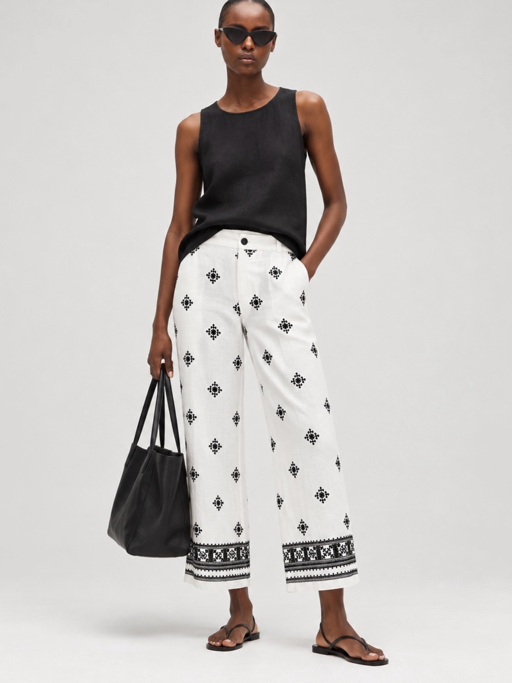 ZARA Cream Black Geometric Embroidered Cropped Wide Leg Pants